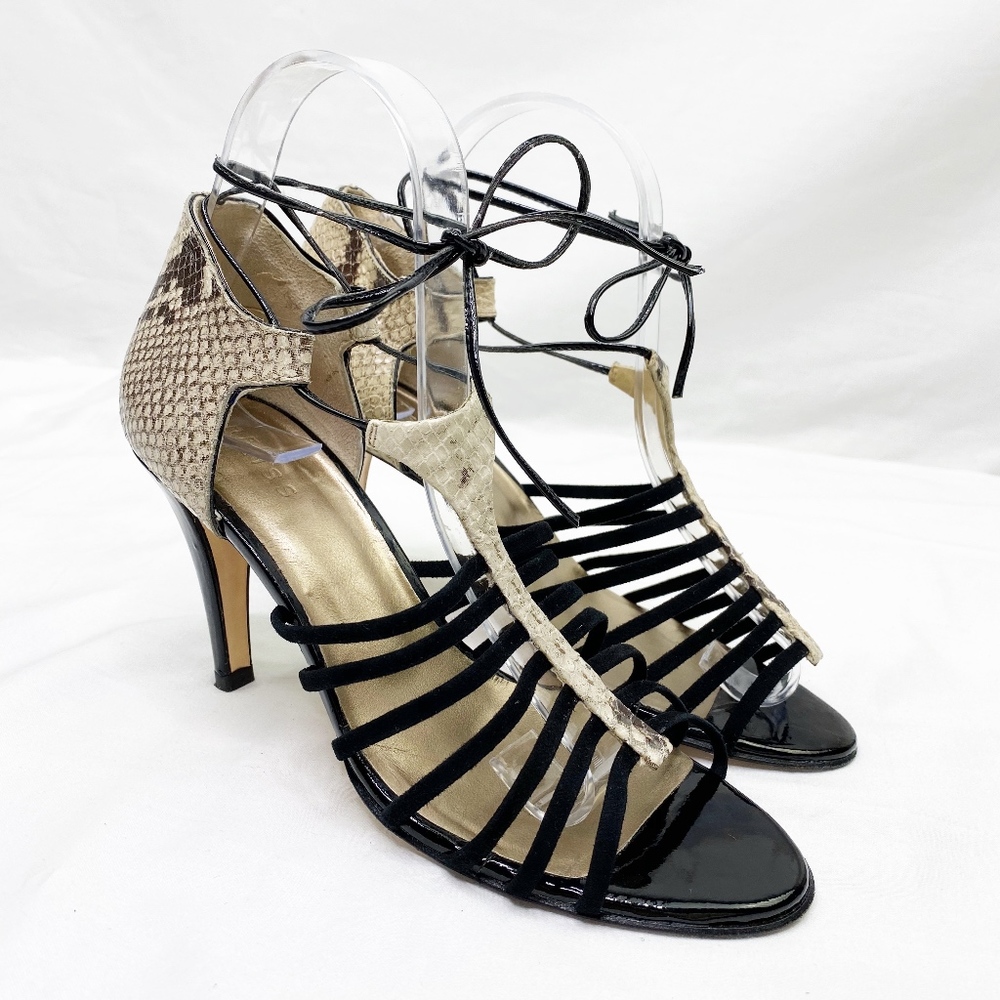 Reiss Strappy Wrap Nude Snakeskin Black Heels
